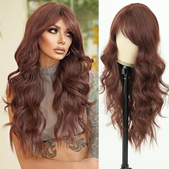 Long Wavy Reddish Brown Wigs With Bangs 28 Inch Chocolate Brown Side Part Curtai - Picture 1 of 7